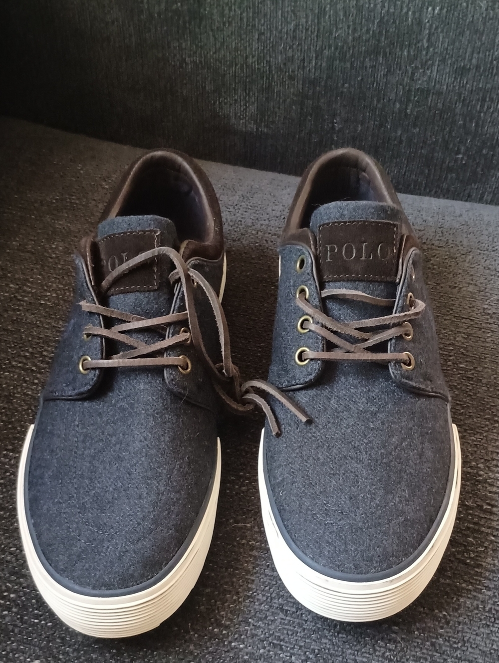 Polo Ralph Lauren navy sneakers featuring a dark navy textured wool upper and wh